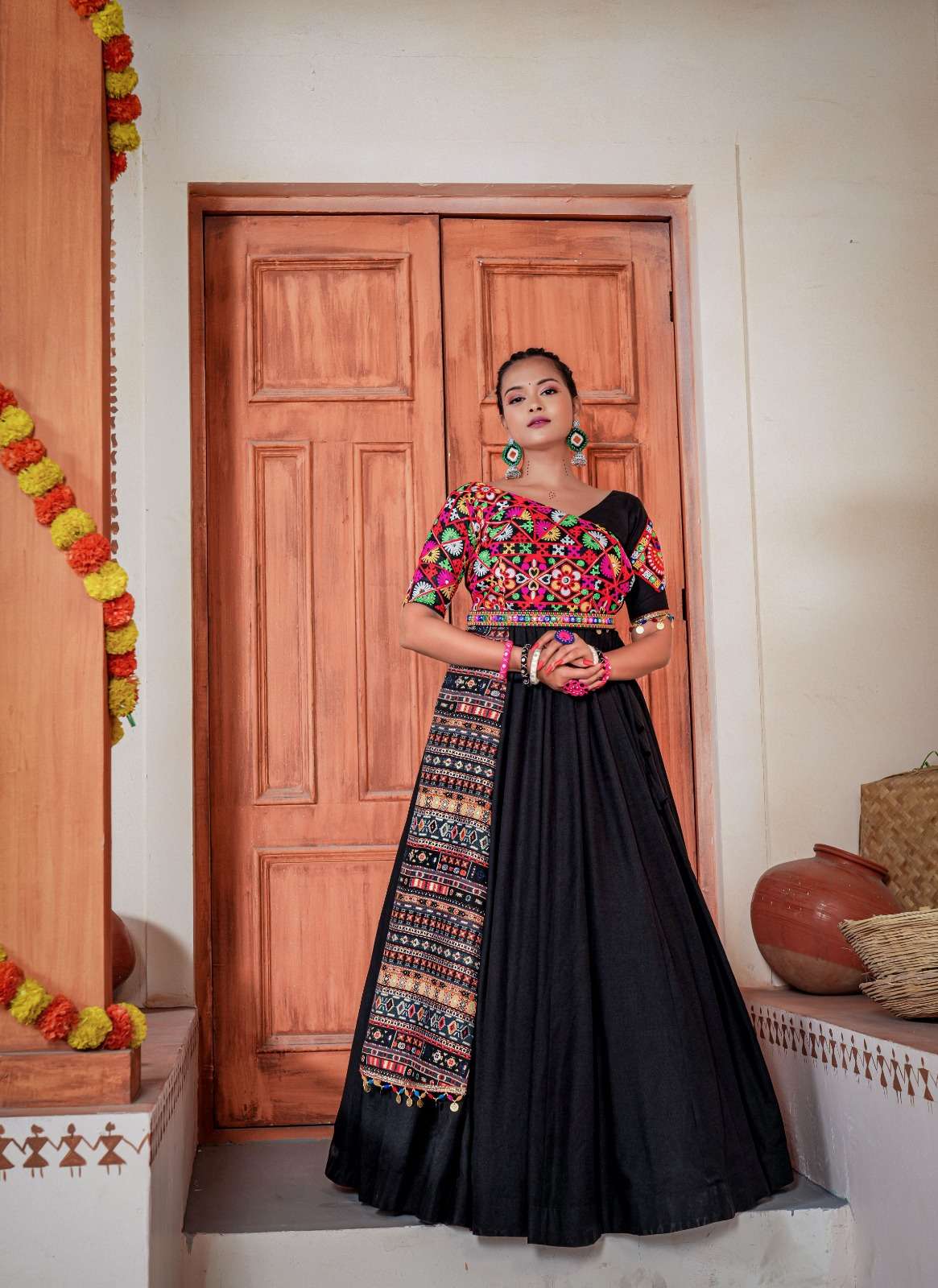 Navratri Special Cotton with Traditional Handwork Black color Gown